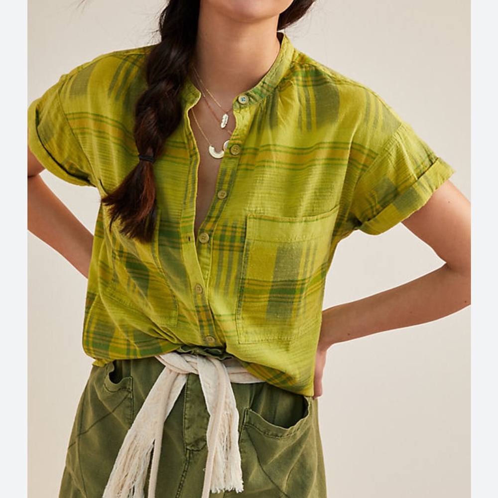 Anthropologie Pilcro Hannah Surf Blouse Green Plaid Cotton Size Small